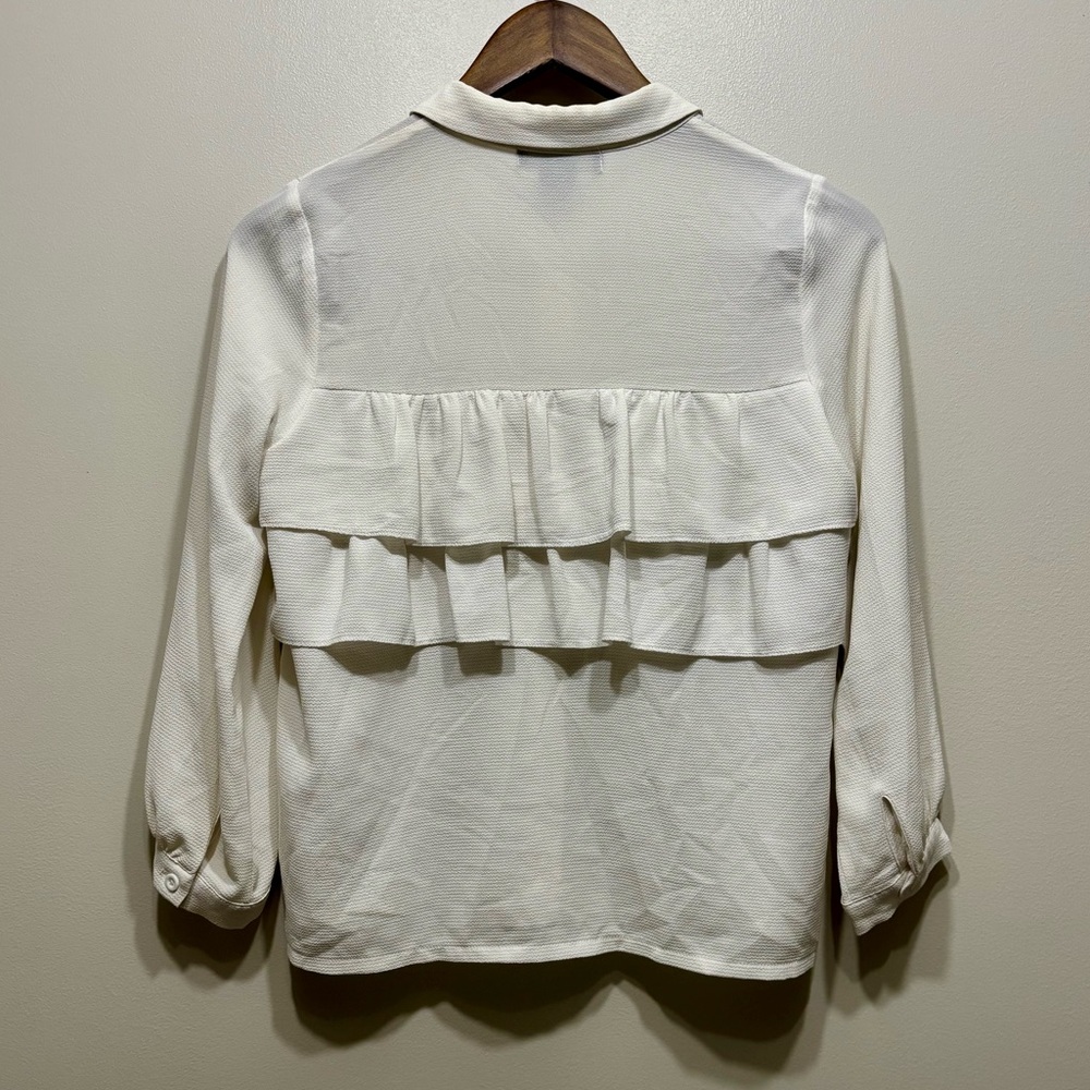 ✨$8 CLEAR-OUT✨ Miki Ruffle Long Sleeve Preppy Button Down Blouse Shirt Top White - Picture 5 of 7